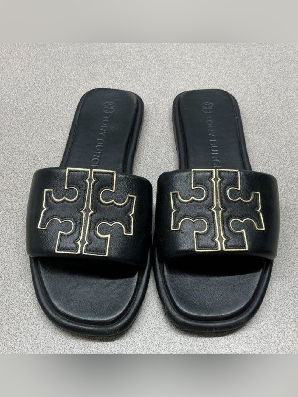 TORY BURCH Black Leather Double
T Sport Slide Sandals Womens Size 9